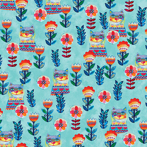 Sunshine Cats - Turquoise Flowerful Cats