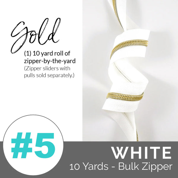 Emmaline White #5 Nylon Gold Coil Zipper 10 Yards