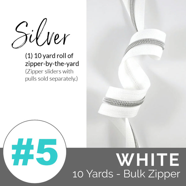 White #5 Nylon Nickel Coil Zipper 10 Yards